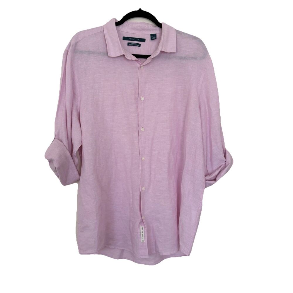Perry Ellis Linen Cotton Button Shirt Pink Breathable Summer Short Sleeve Sz XL